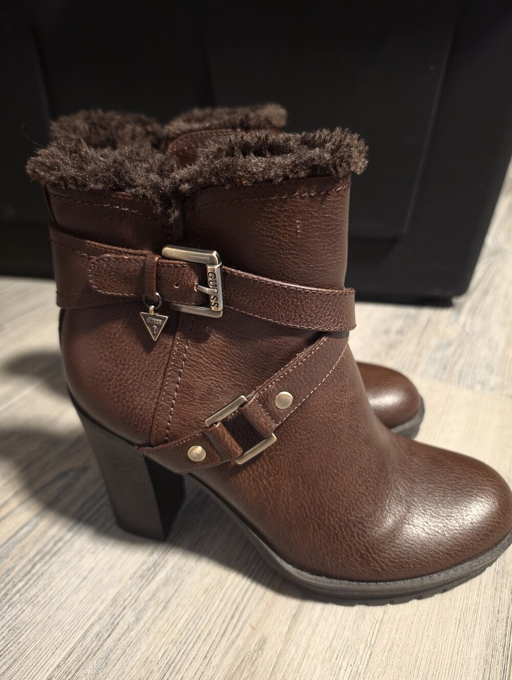Guess Brown Faux-Fur Cuffed Heel Ankle Boots